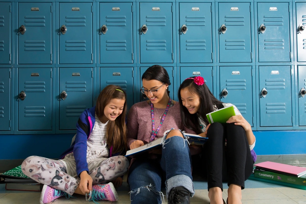 locker and girls with blue background